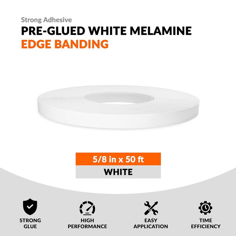 LEAFLEX White Edge Banding 5/8inch x 50 ft Melamine Iron On Adhesive Edging Cabinet Repair Laminate Shelf Board Countertop Furniture Strip Wood Veneer Tape Trim Peel Stick Cabinet Molding Vinyl PVC Iron - Image 2